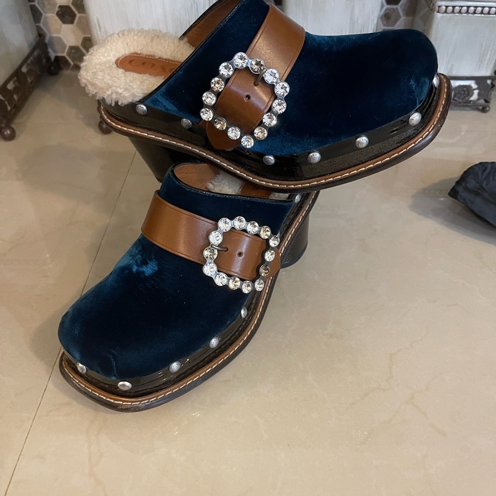 Coach Navy Velvet and Chestnut Leather Shearling Clog Mules with Crystal Buckle - Picture 5 of 11
